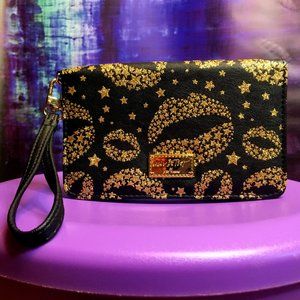 Luv Betsey Johnson Wristlet Wallet Metallic Kisses Stars Clutch Black Gold NWOT